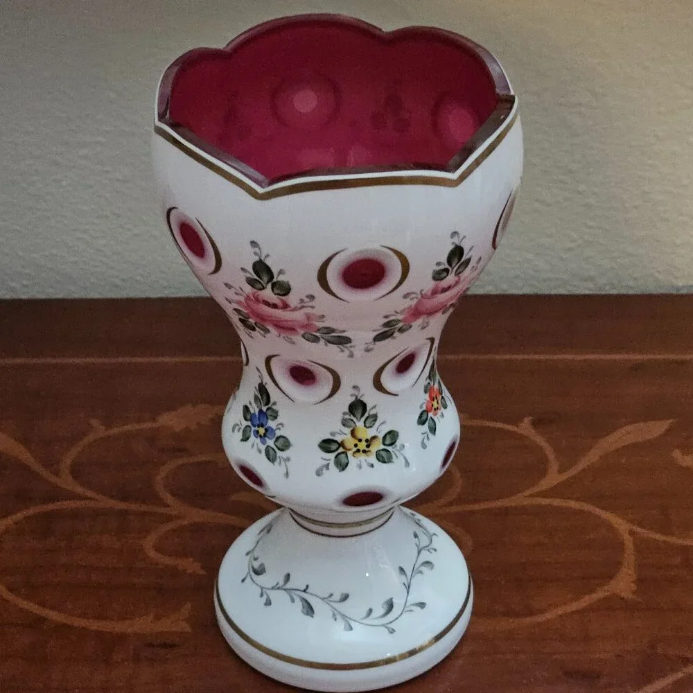 ANTIQUE VINTAGE BOHEMIAN CZECH MOSER FLOWER HAND PAINTED CUT TO CLEAR GLASS VASE